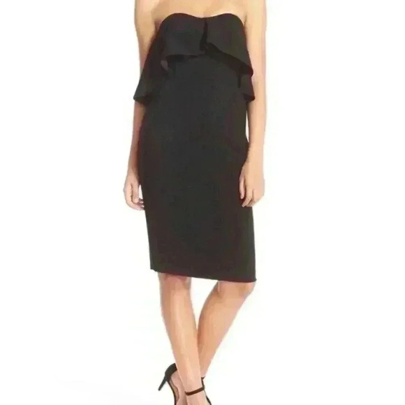 Chelsea 28 Dress Sz 6 Strapless Ruffle Neckline Crepe Peplum Sheath Black Color - Picture 1 of 10